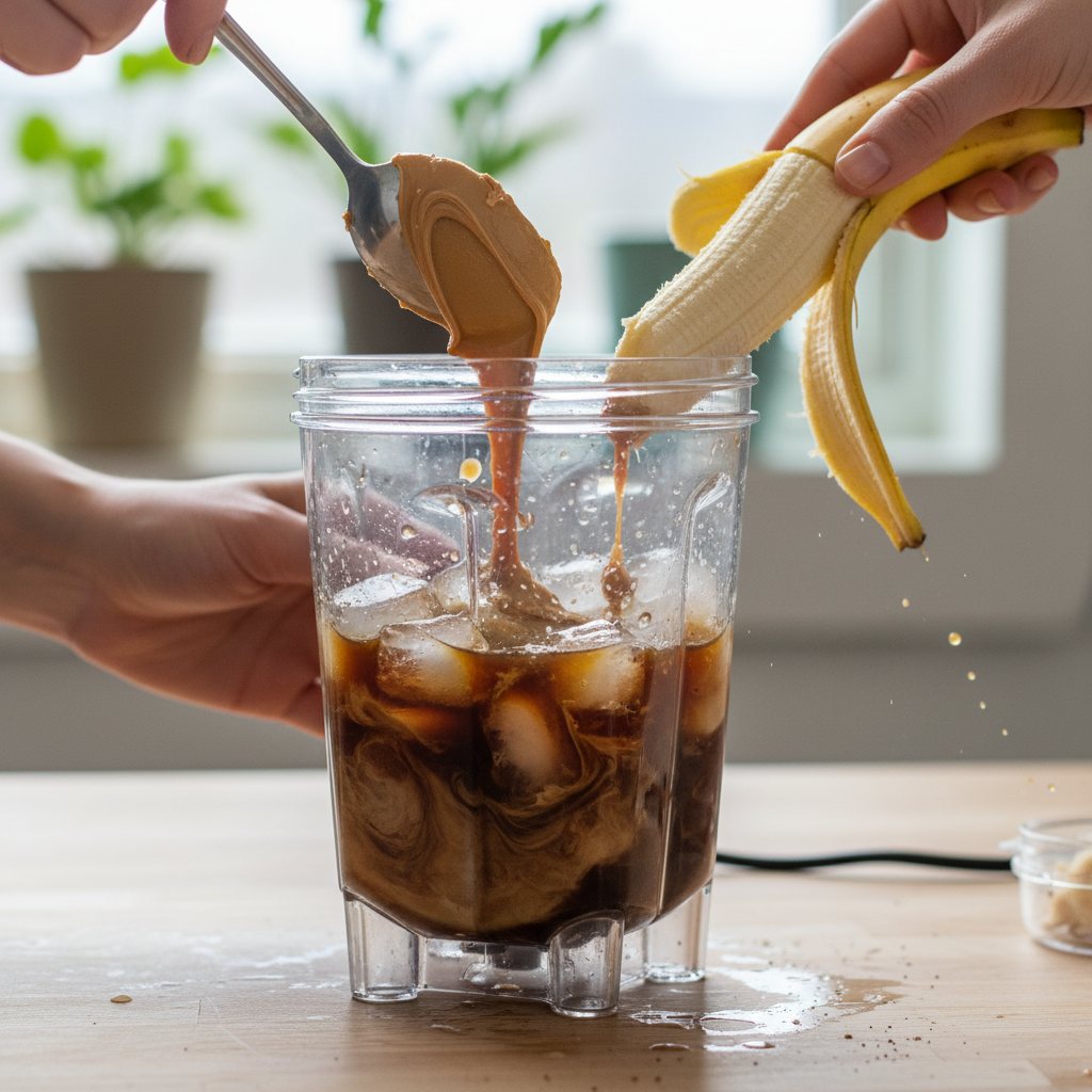 Blending peanut butter coffee smoothie