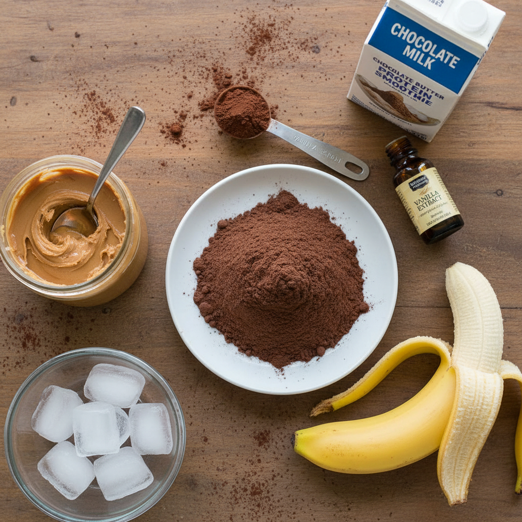 Ingredients for Chocolate Peanut Butter Protein Shake