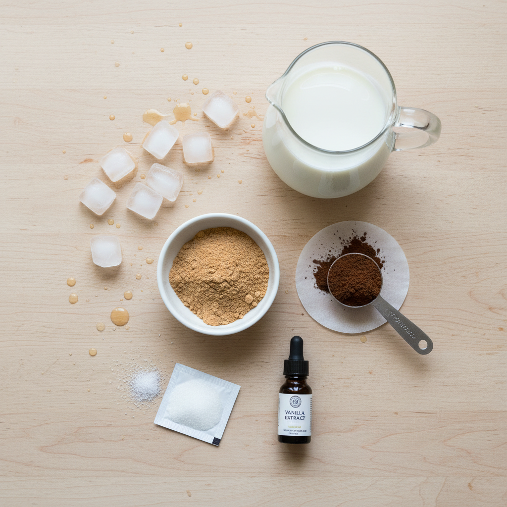 Ingredients for Peanut Butter Iced Coffee Shake including milk, coffee, PB2