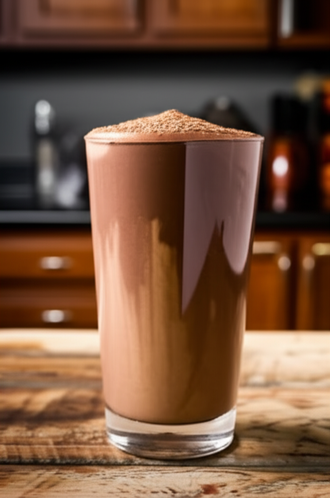 Chocolate Peanut Butter Protein Shake in a glass with peanut butter and chocolate