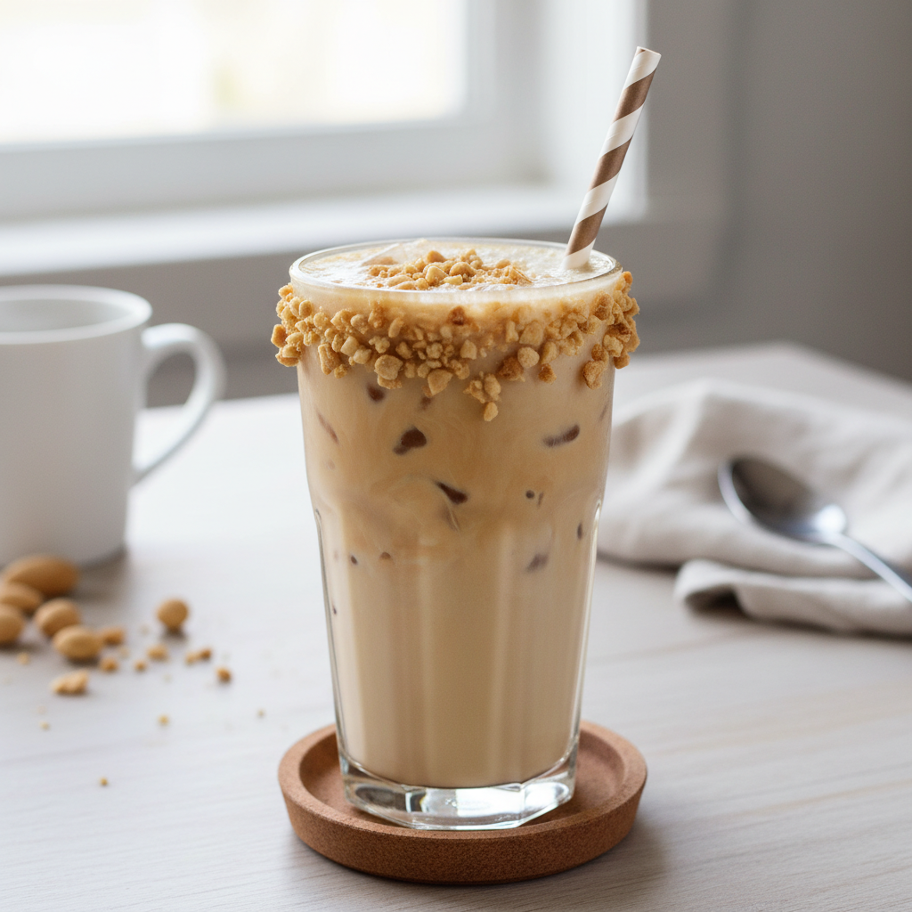 Person enjoying a protein-packed peanut butter iced coffee shake