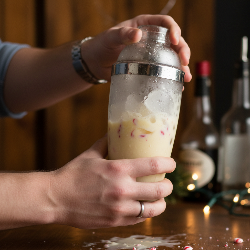Mixing Peppermint Eggnog Martini in shaker