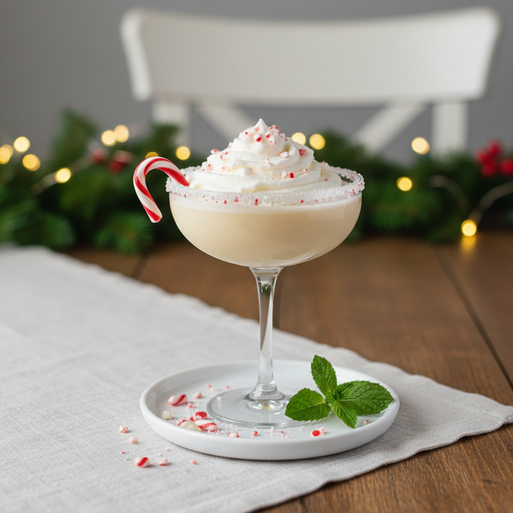 Finished Peppermint Eggnog Martini with candy cane garnish