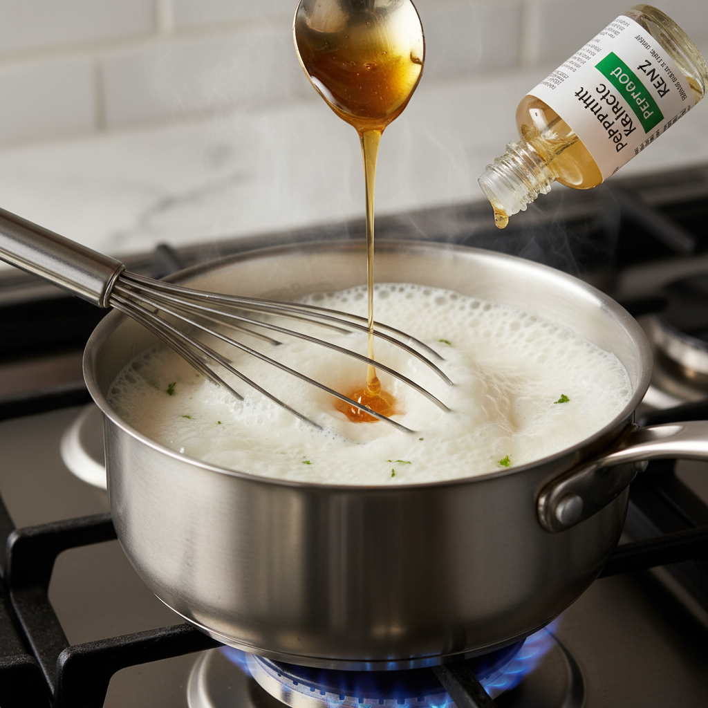 Heating milk with honey and peppermint extract on stove