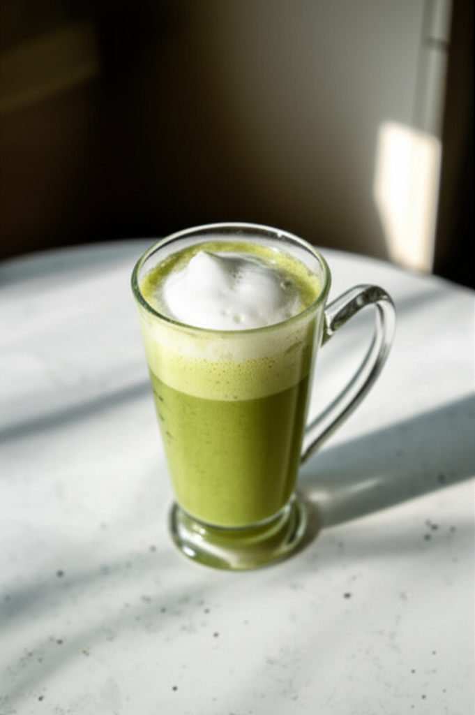 Peppermint Matcha Latte in a clear mug