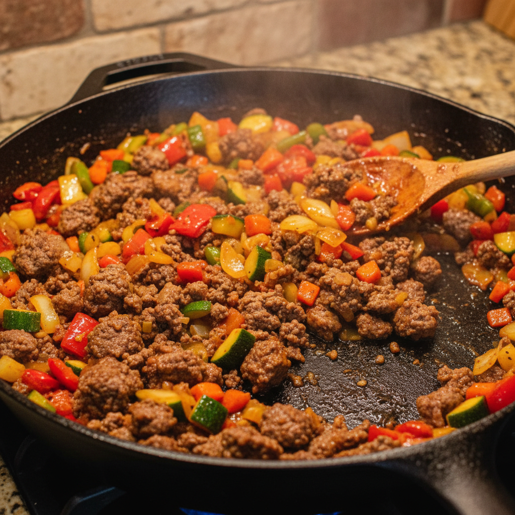 Cooking vegetables and browning beef for Sloppy Joes
