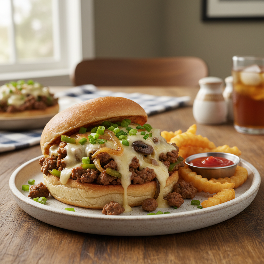 Served Philly Cheese Steak Sloppy Joes with buns