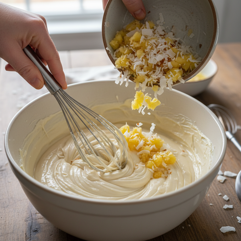 Mixing pineapple and coconut into fudge