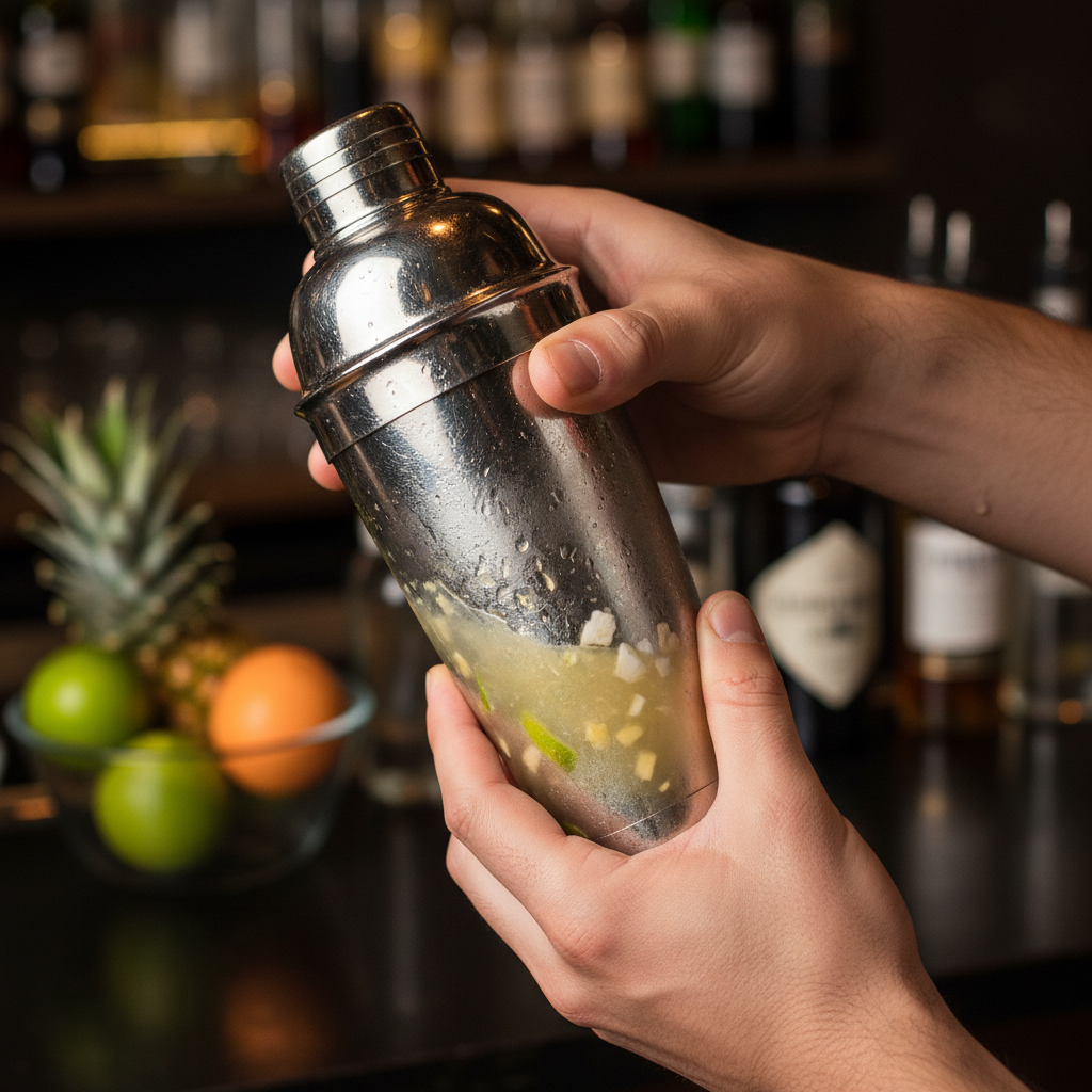 Cocktail shaker being used to mix Pineapple Daiquiri