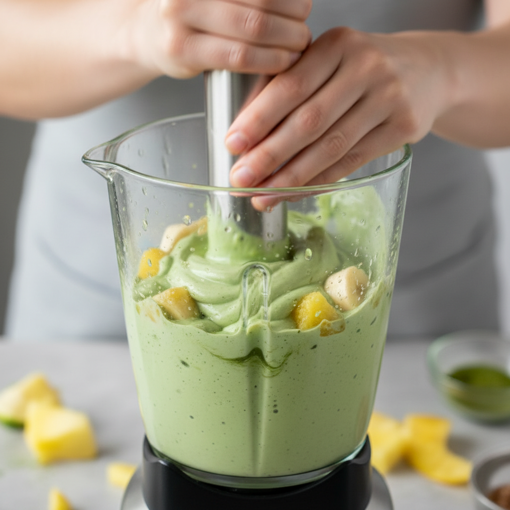Adding ingredients into blender for Pineapple Matcha Green Smoothie