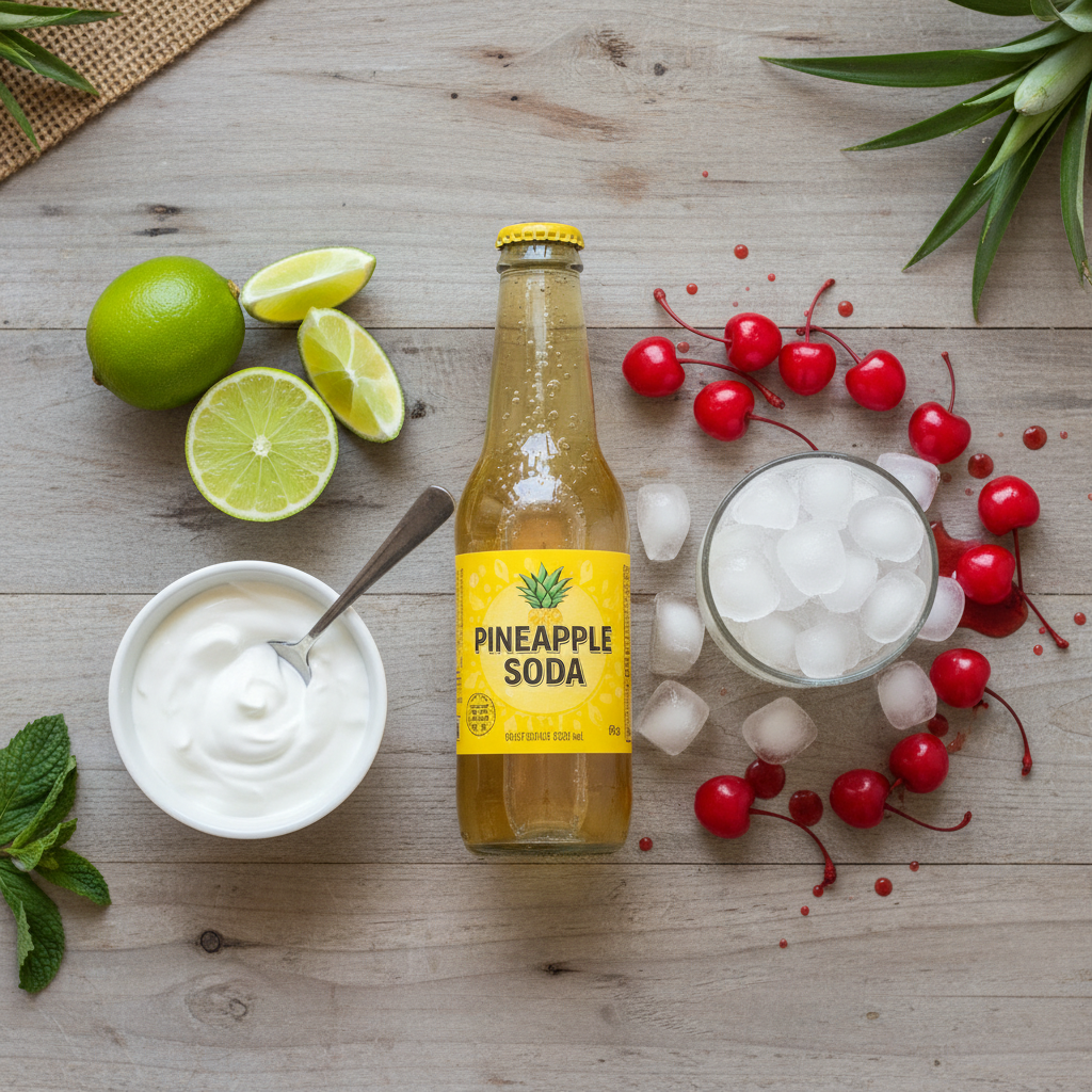 Ingredients for Pineapple Party Dirty Soda including pineapple soda, coconut cream, lime, and ice