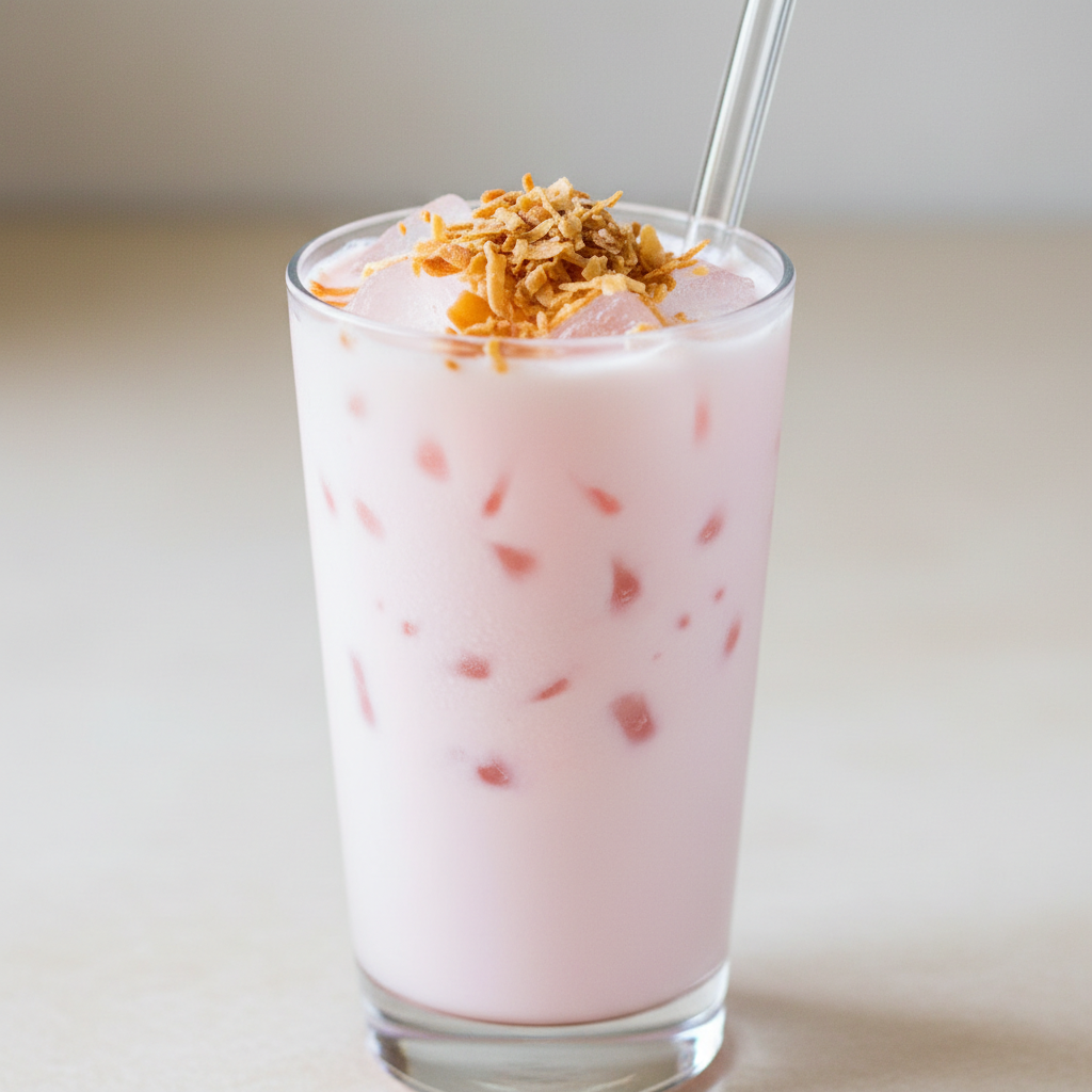 Finished Pink Coconut Iced Latte with garnish