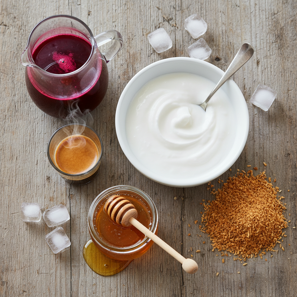 Ingredients and equipment for Pink Coconut Iced Latte