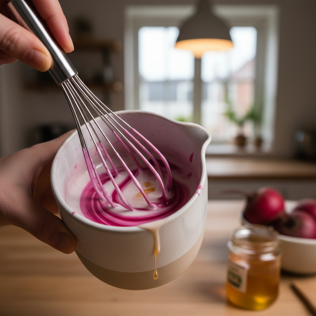 Mixing pink coconut milk in a bowl