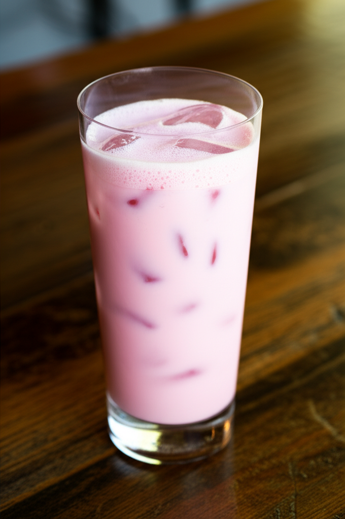 Pink Coconut Iced Latte drink in glass