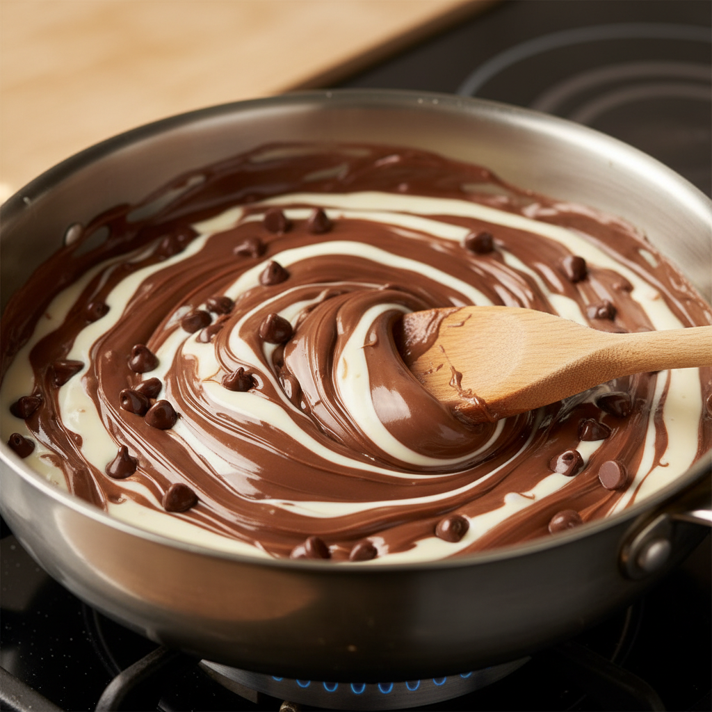 Melting and mixing Nutella fudge ingredients