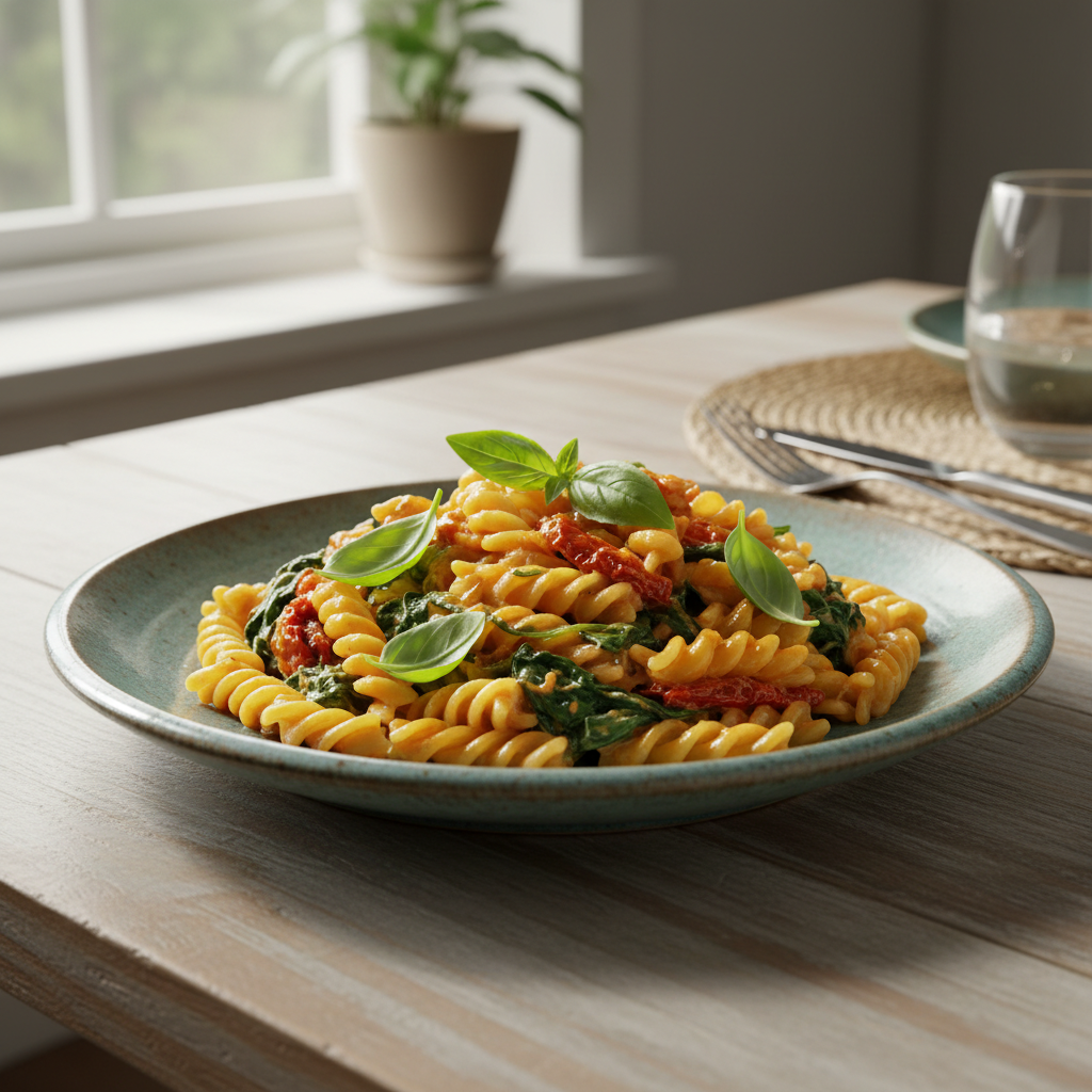 Finished creamy spinach tomato pasta served in bowls