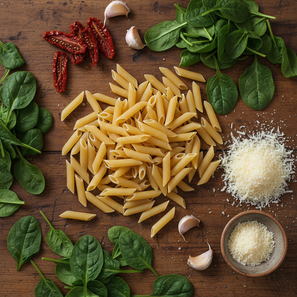 Ingredients of spinach tomato pasta on table