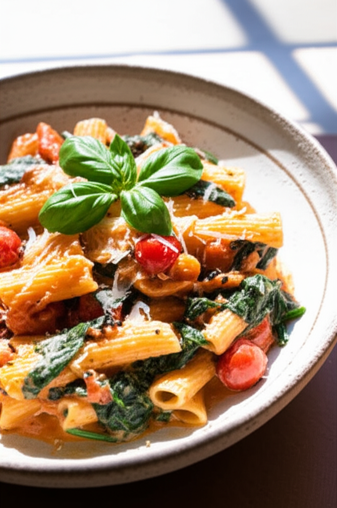 Spinach tomato pasta dish in bowl
