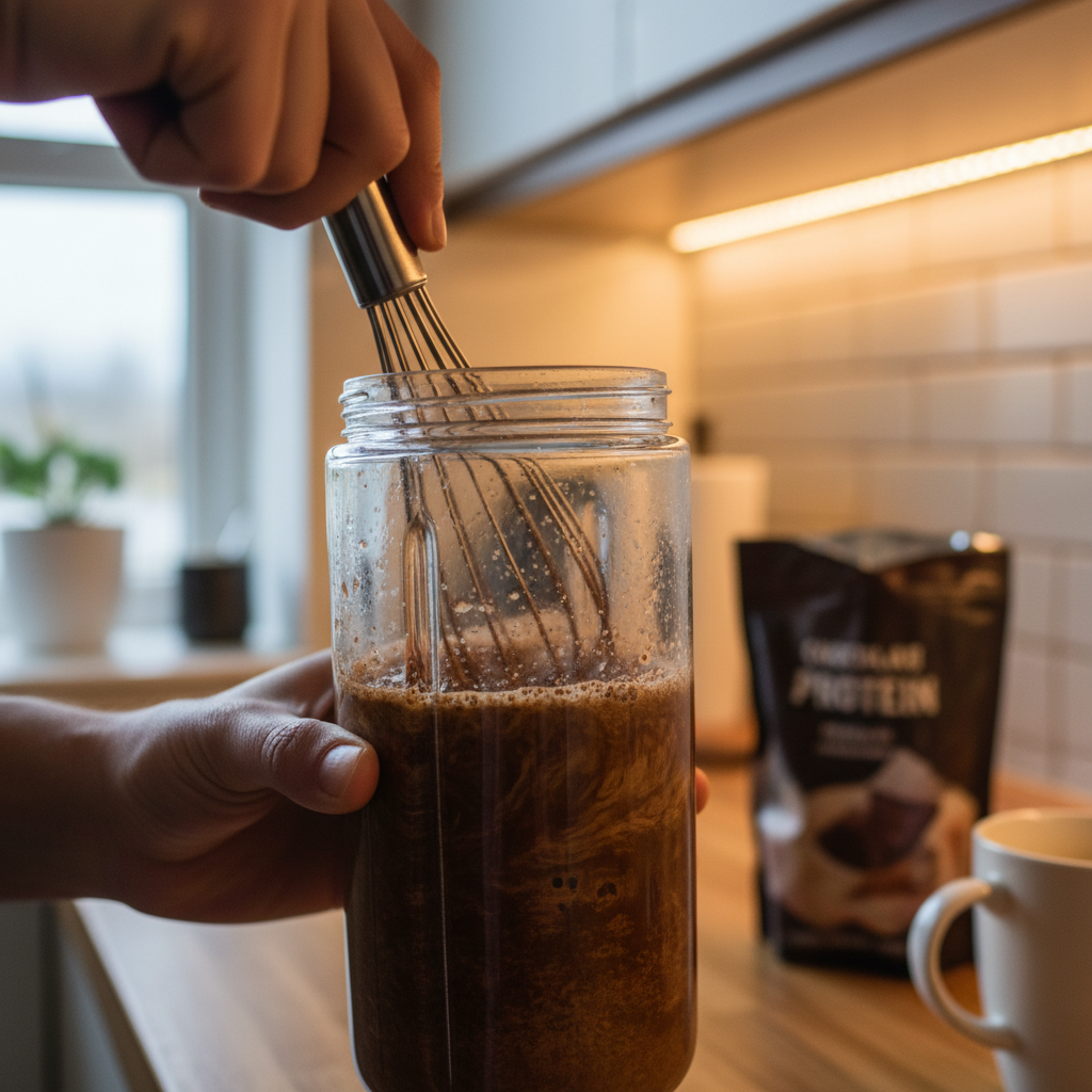 Mixing the base ingredients for Chocolate Protein Iced Coffee