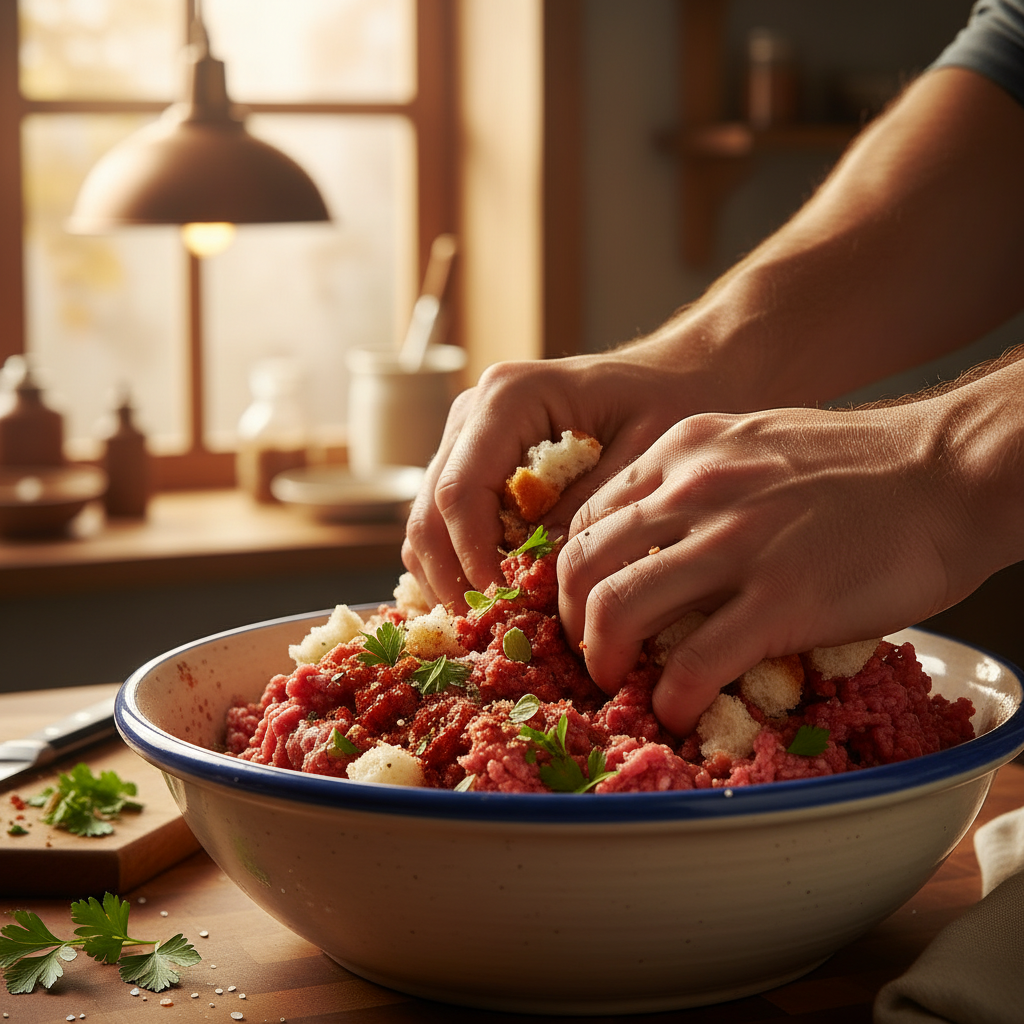 Mixing meatloaf ingredients by hand