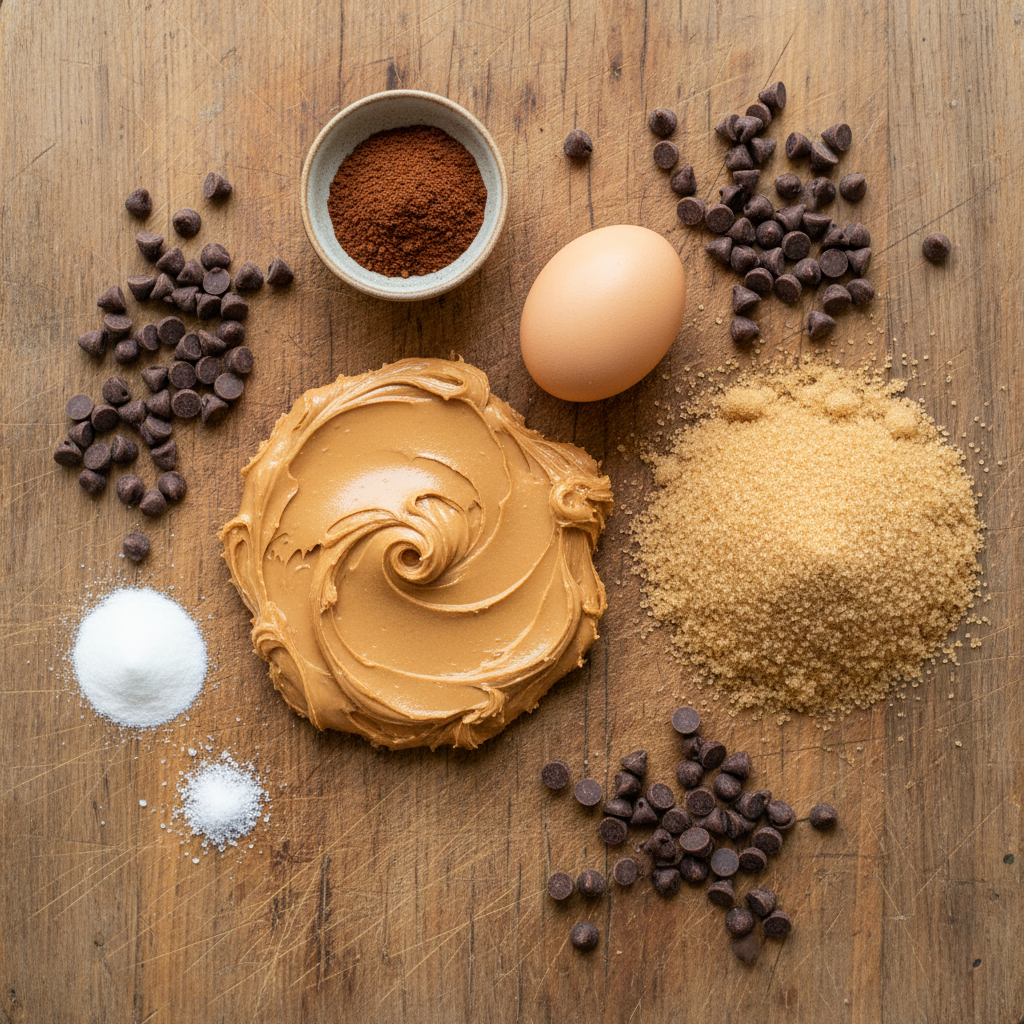Ingredients and baking equipment for peanut butter espresso cookies