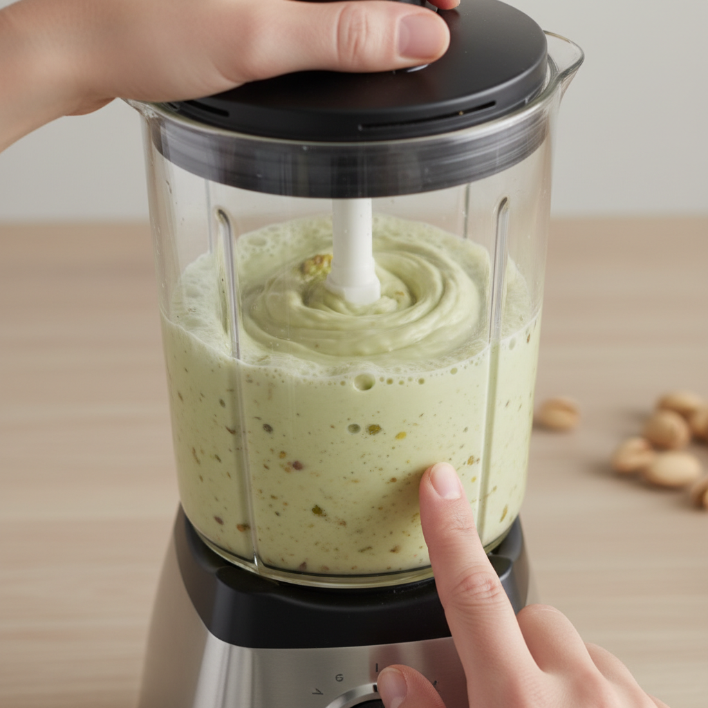 Blending pistachios and milk to make pistachio milk