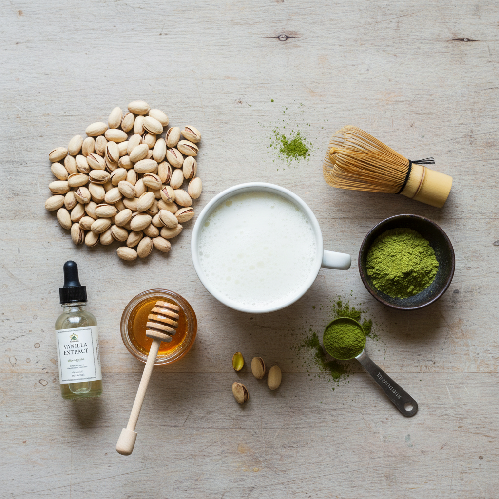 Ingredients and tools for Pistachio Matcha Latte