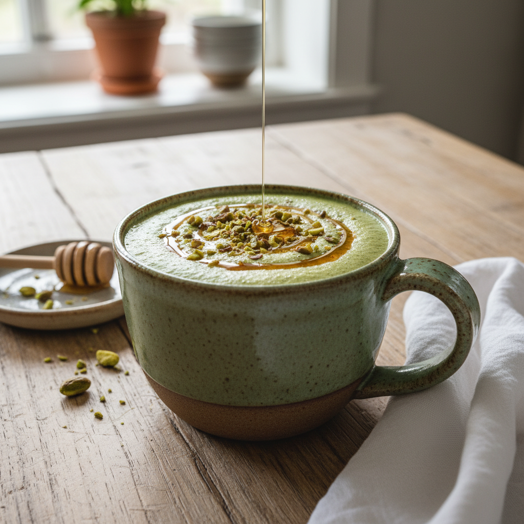 Fully prepared Pistachio Matcha Latte with garnishes