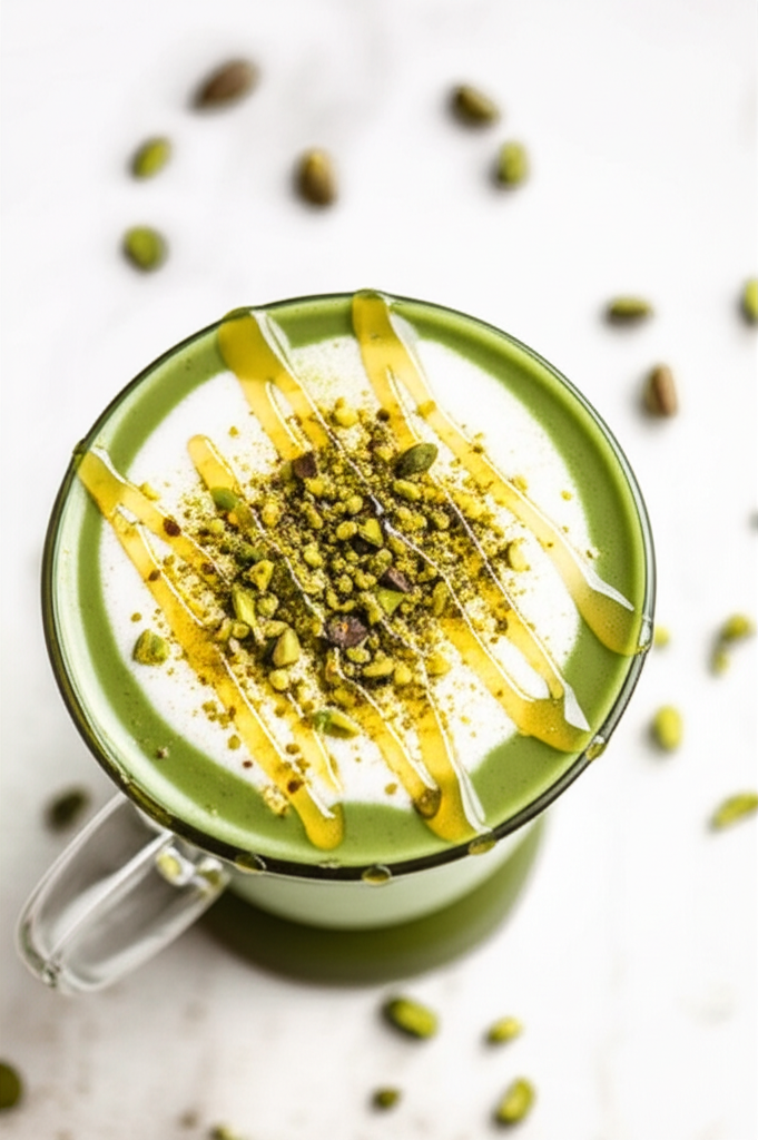 Pistachio Matcha Latte drink in a glass