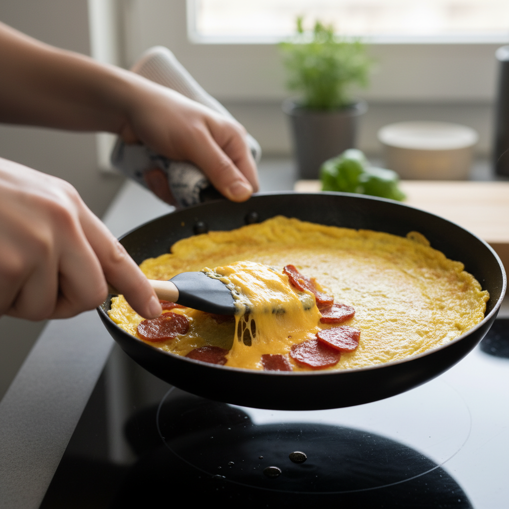 Flipping Pizza Eggs and adding toppings in the pan