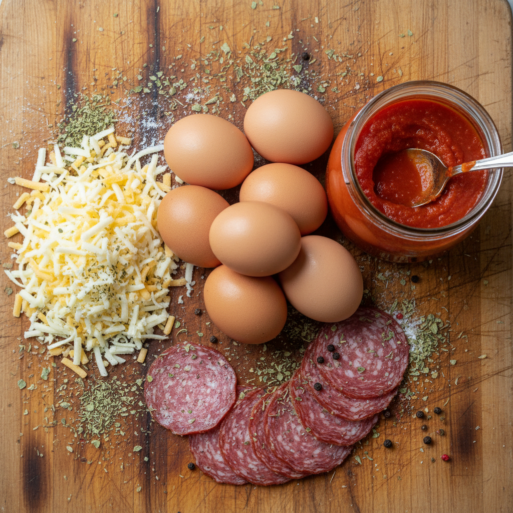 Ingredients for Pizza Eggs on the kitchen counter