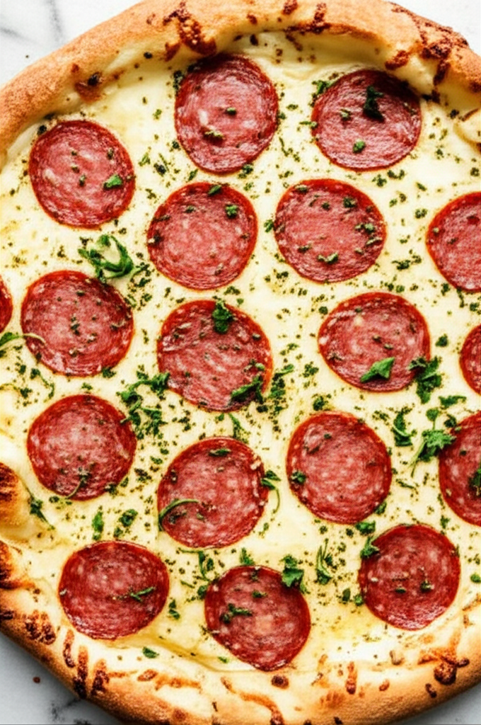 Pizza eggs served on a plate with herbs and salami