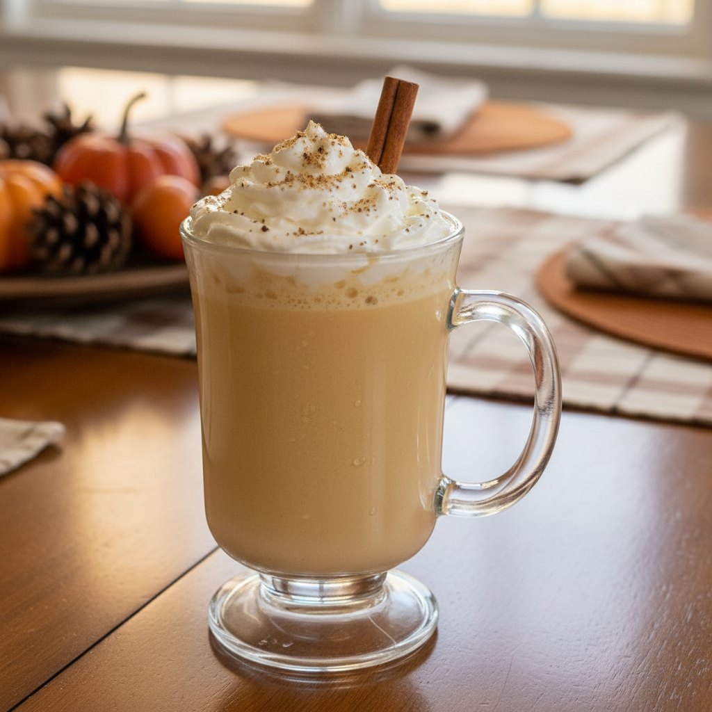 Pumpkin Spice Eggnog Cocktail served with whipped cream and cinnamon stick garnish