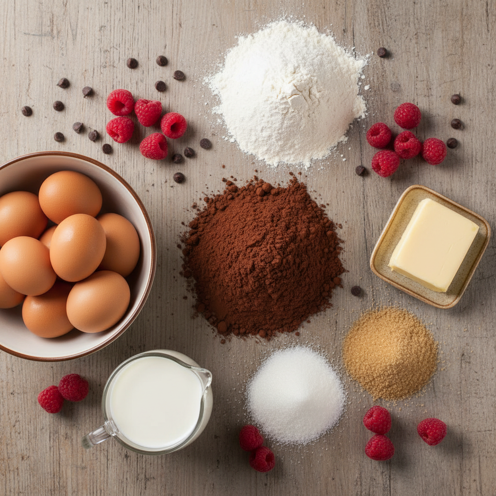 Ingredients for chocolate raspberry cupcakes arranged on a kitchen counter