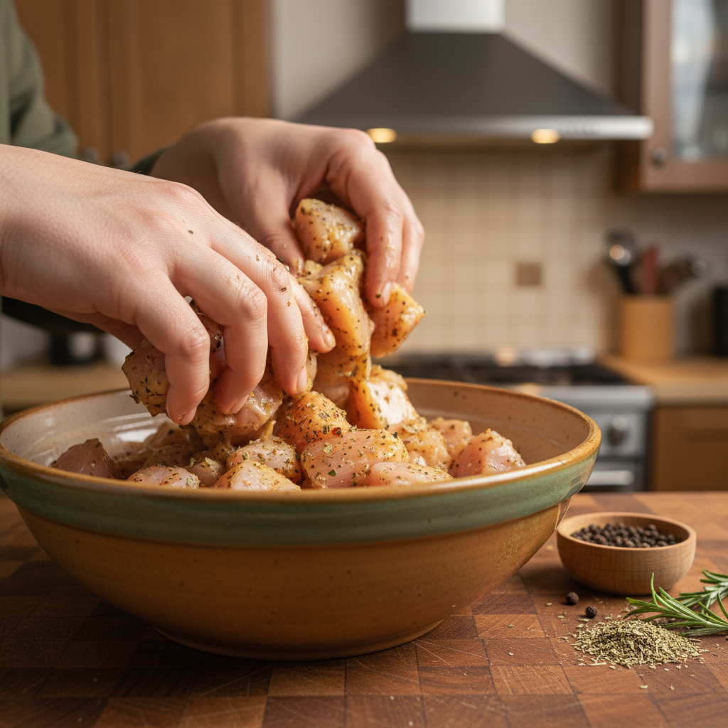 Seasoned chicken resting in bowl