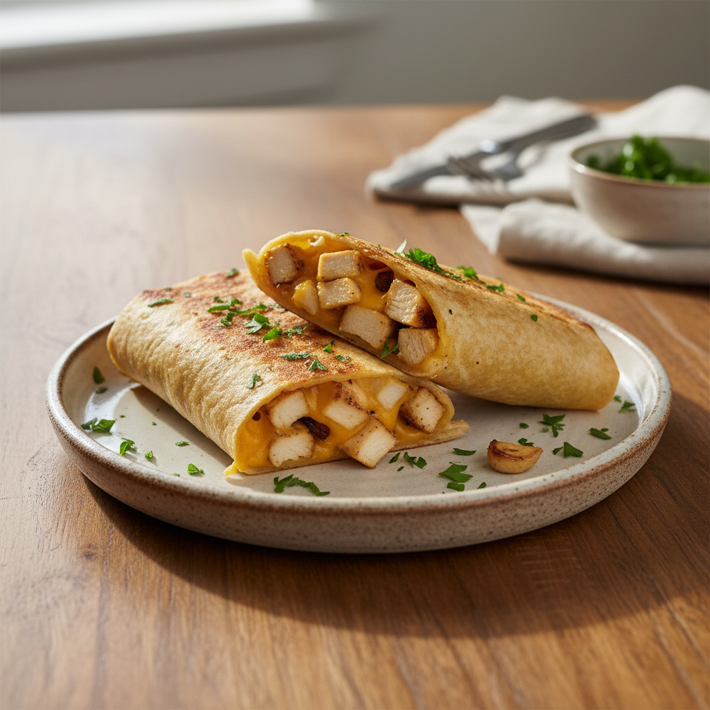 Cut cheesy garlic chicken wraps with parsley garnish
