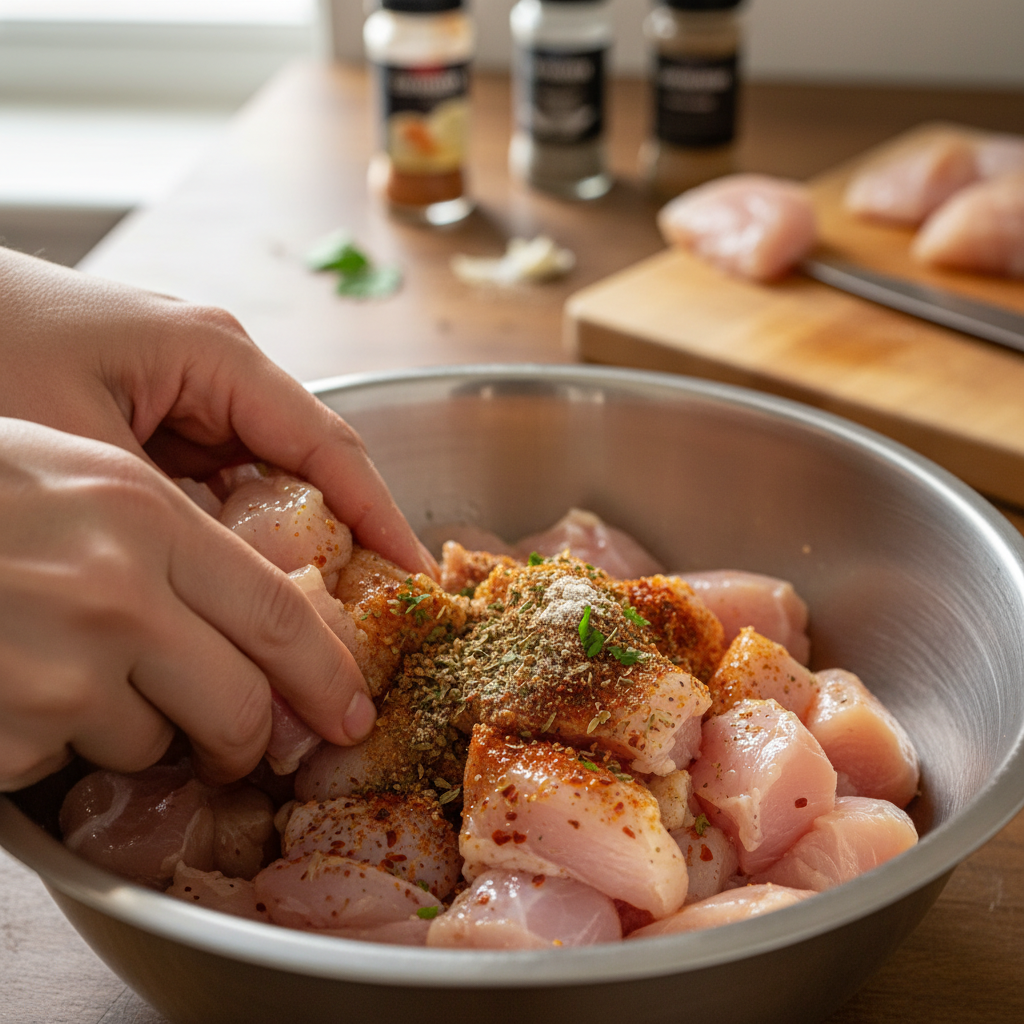 Seasoned chicken in bowl for wraps