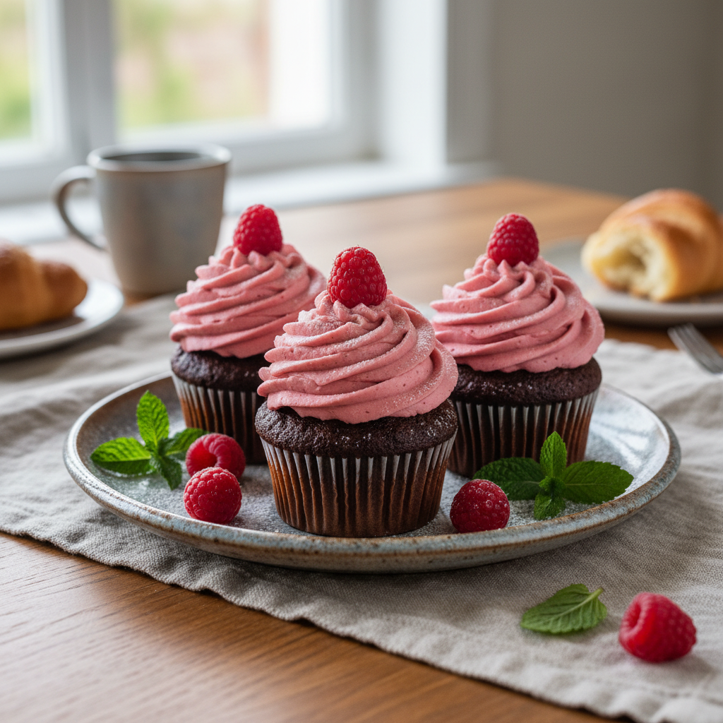 Finished chocolate raspberry cupcakes with frosting and raspberries close-up