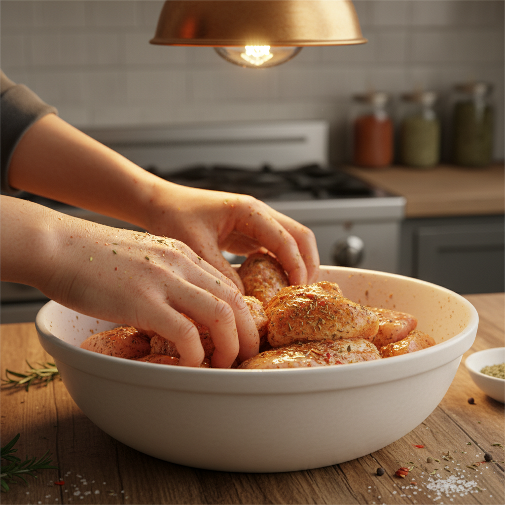 Seasoning and coating chicken thighs