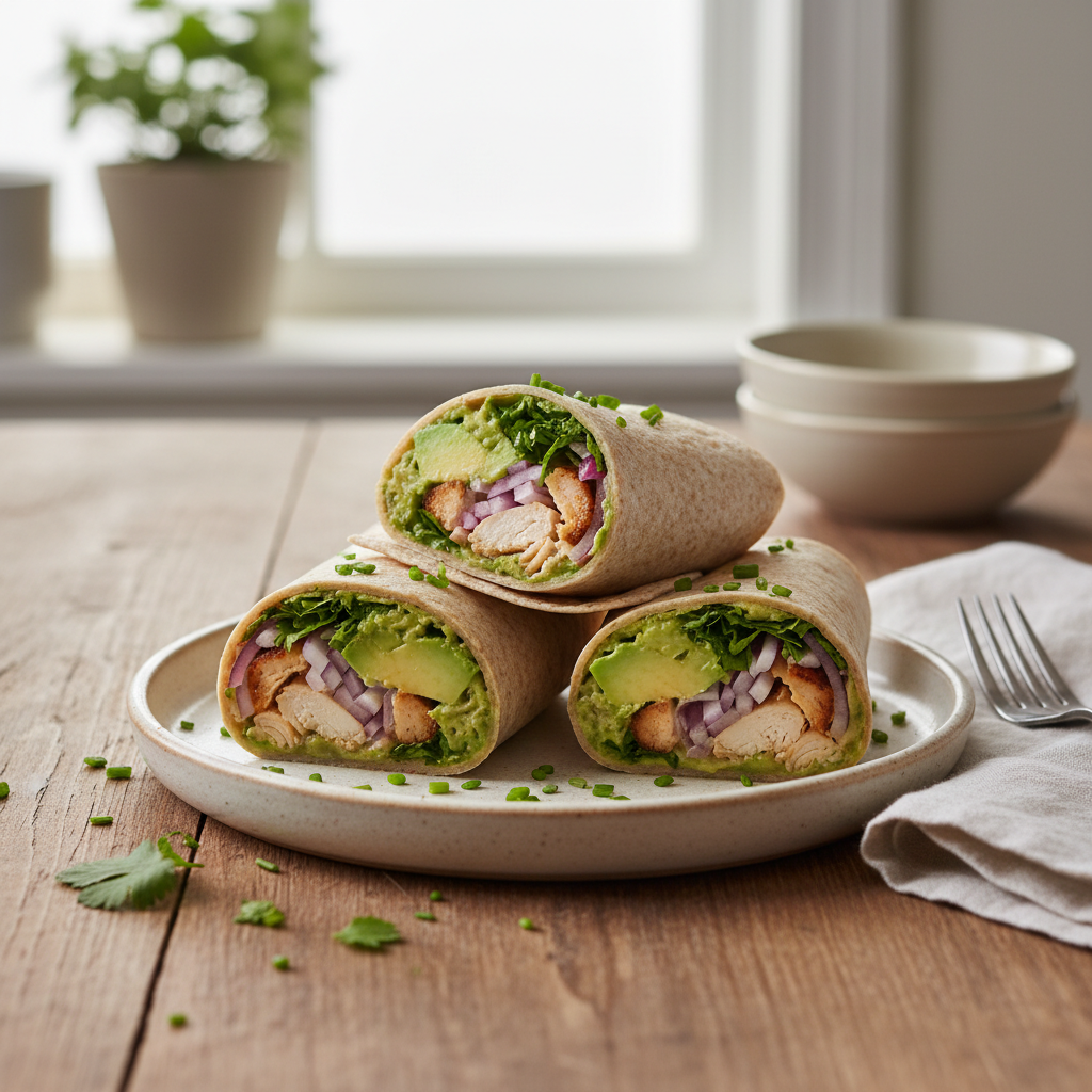 Final presentation of Chicken Avocado Wraps on serving plate