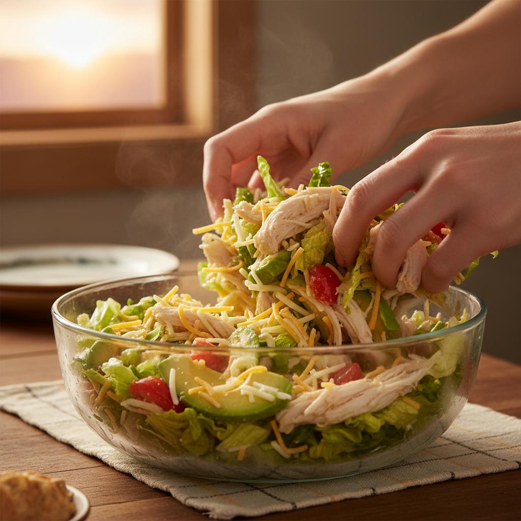Preparing and mixing chicken avocado wrap ingredients