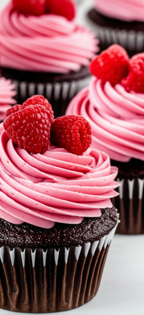 Chocolate raspberry cupcakes with frosting and fresh raspberries