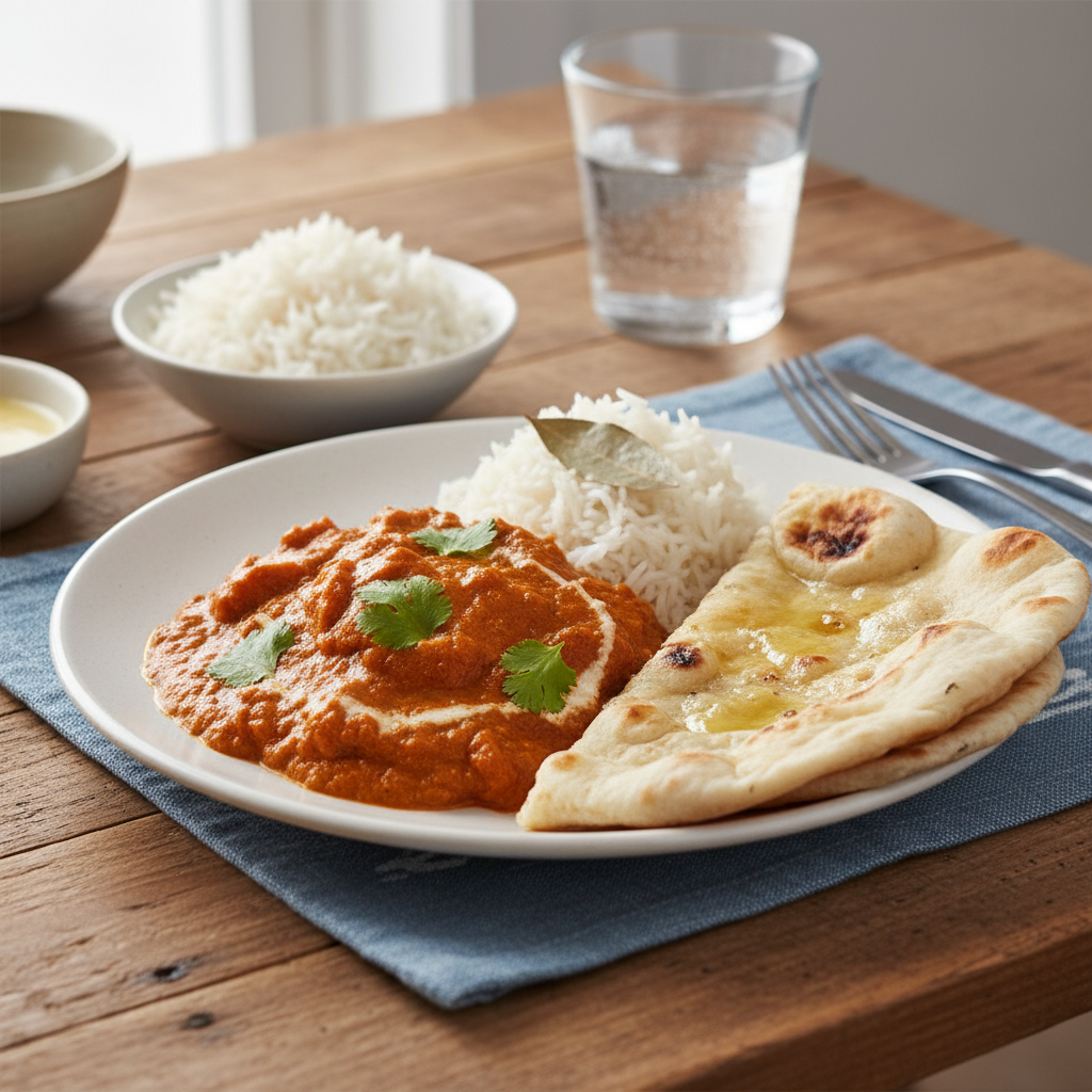Butter Chicken served with rice and naan bread ready to eat