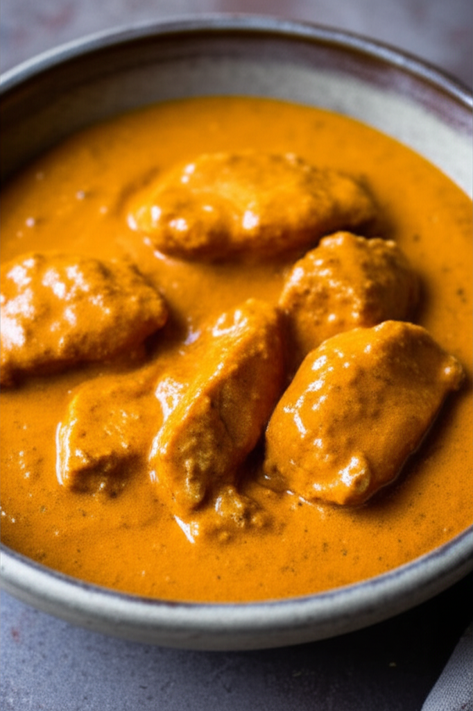 Butter Chicken dish served with naan and rice