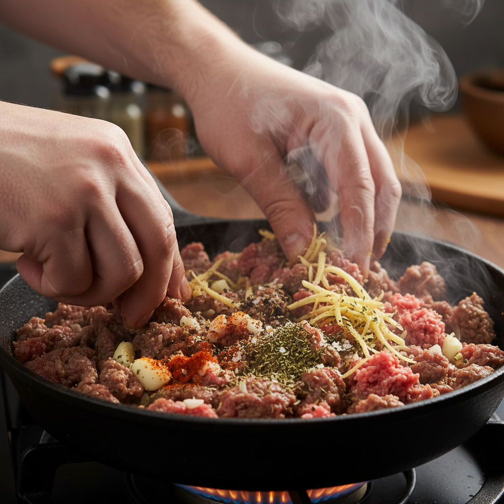 Ground beef browning in skillet with garlic and ginger for Korean Beef Bowl