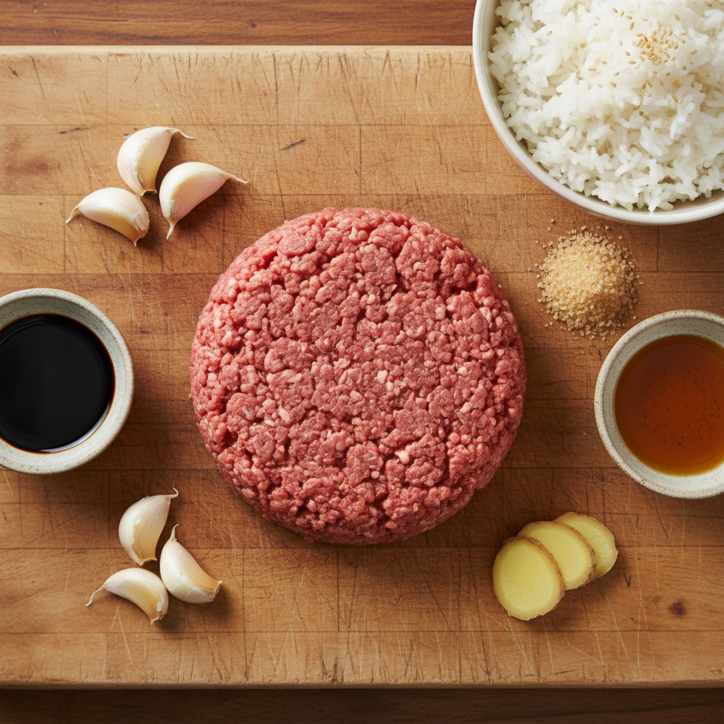 Ingredients for Korean Ground Beef Bowl laid out on kitchen counter
