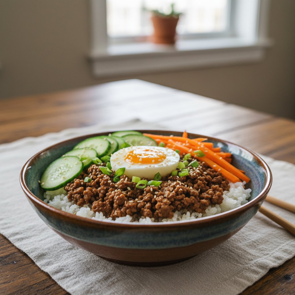Finished Korean Beef Bowl garnished with green onions and sesame seeds