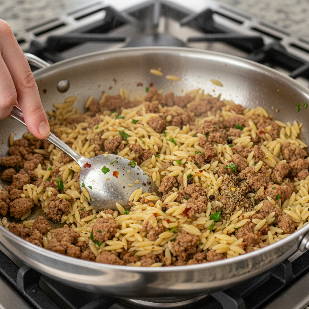 Toasted golden orzo in skillet