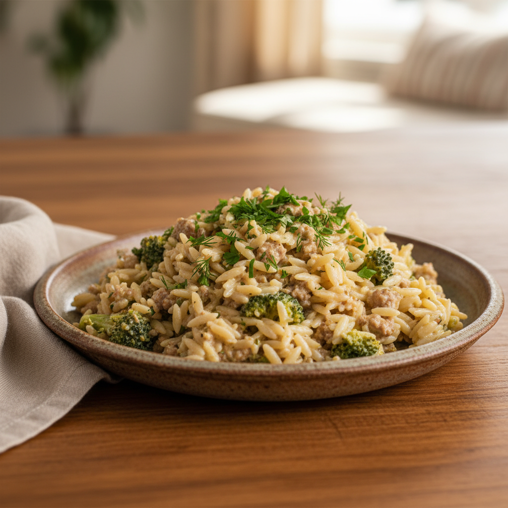 Ground turkey orzo served with salad and bread
